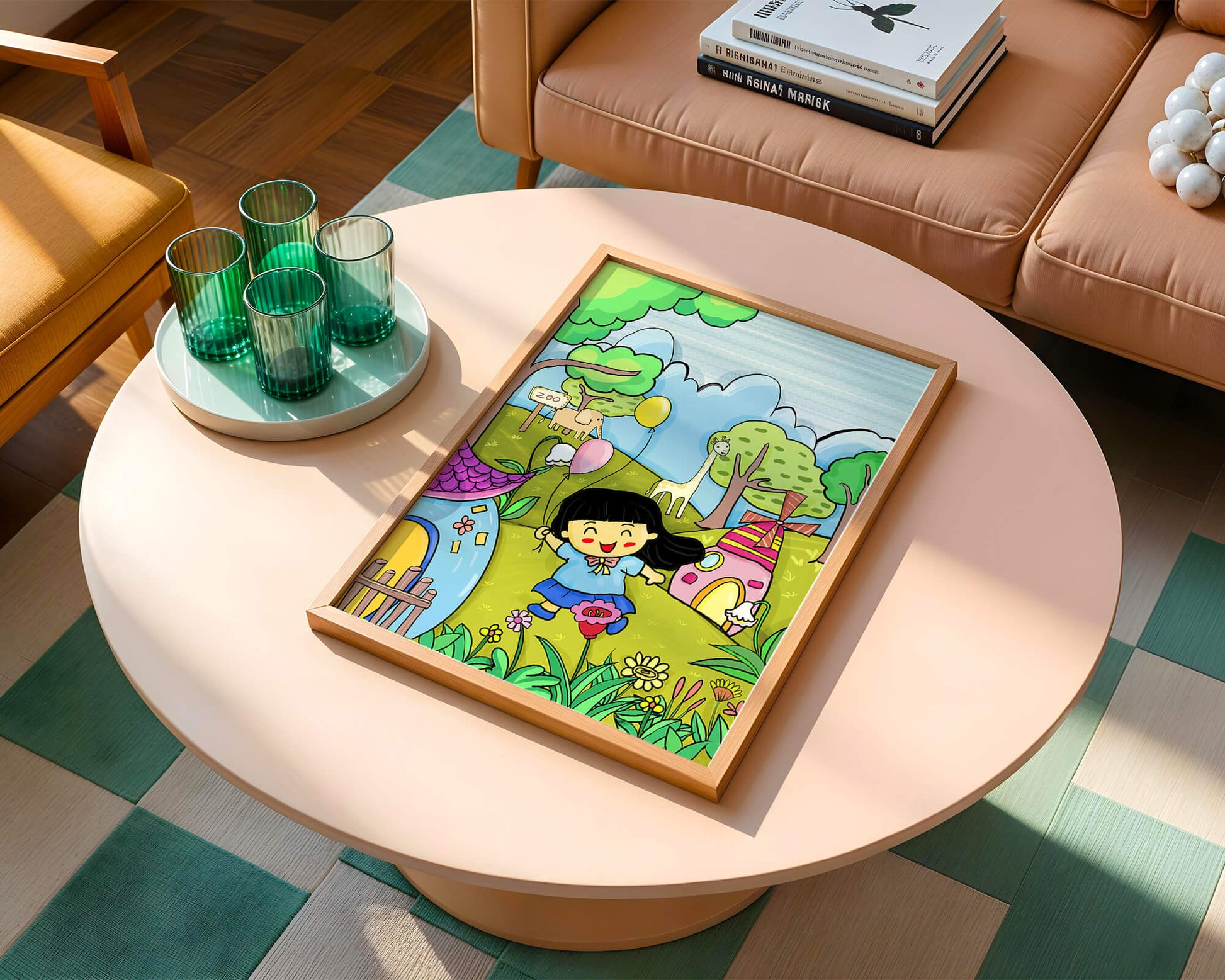 Colorful children's illustration of a joyful zoo visit with animals