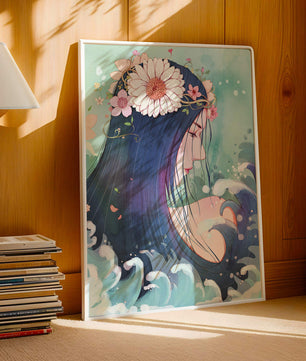 Illustration of a serene woman with floral crown and ocean waves