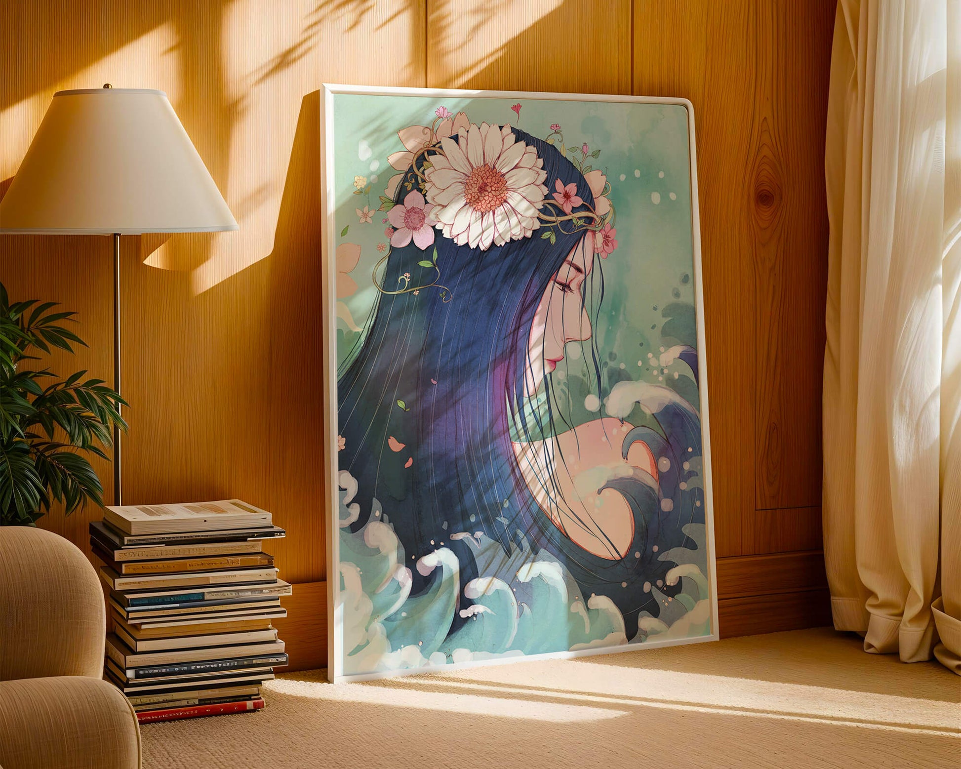 Illustration of a serene woman with floral crown and ocean waves