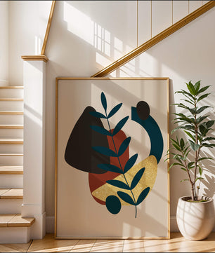 Abstract Botanical Composition with Geometric Shapes and Gold Accent - Mi tienda