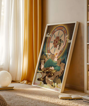 Elegant illustration of a serene woman in traditional clothing with a golden backdrop