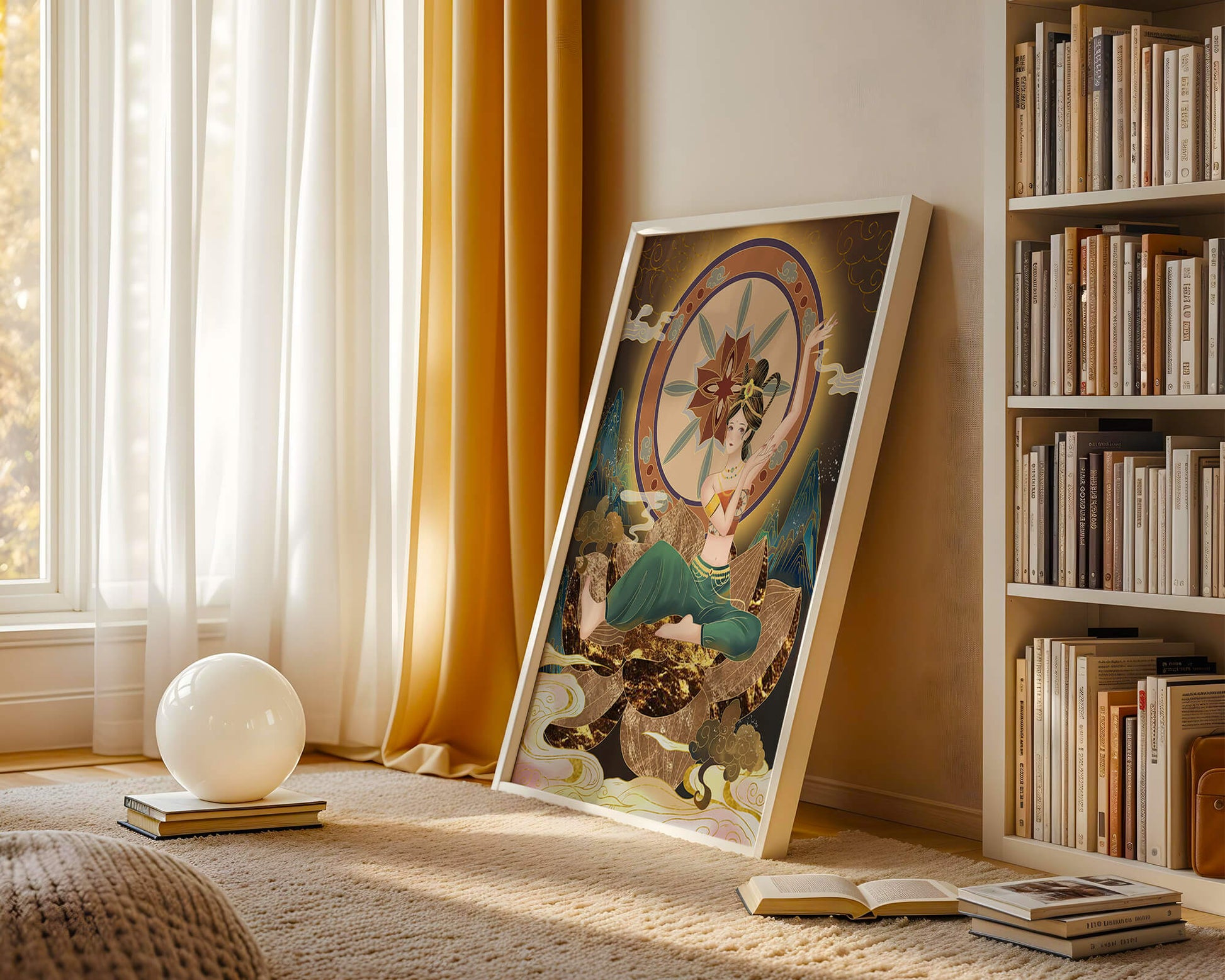 Elegant illustration of a serene woman in traditional clothing with a golden backdrop