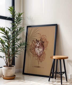 Ilustración detallada de un corazón anatómico con elementos florales sobre fondo beige