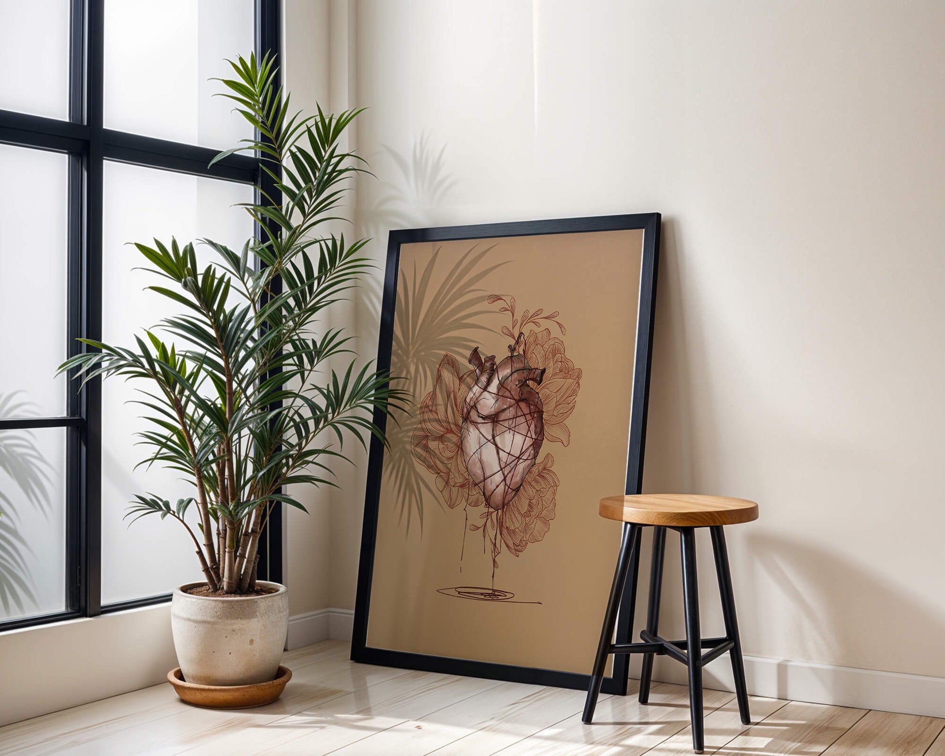 Ilustración detallada de un corazón anatómico con elementos florales sobre un fondo beige.