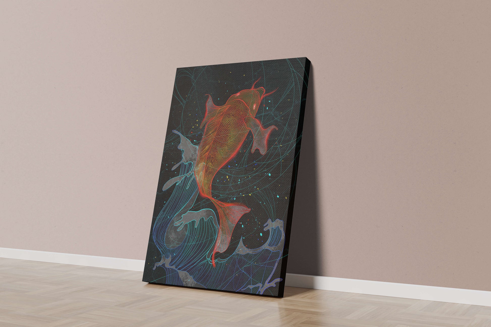 Koi Fish with Abstract Waves in Vibrant Colors