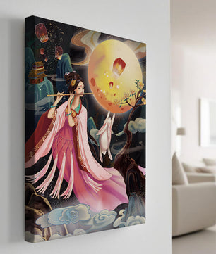 Traditional Asian Art with Flute Player and Moon Rabbit