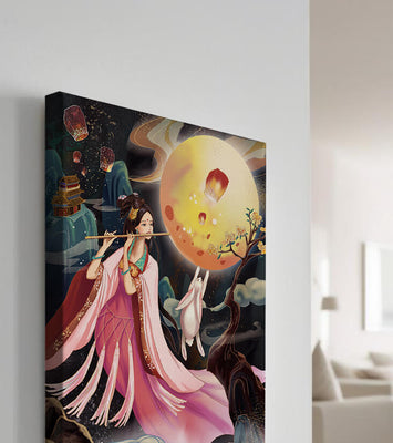 Traditional Asian Art with Flute Player and Moon Rabbit