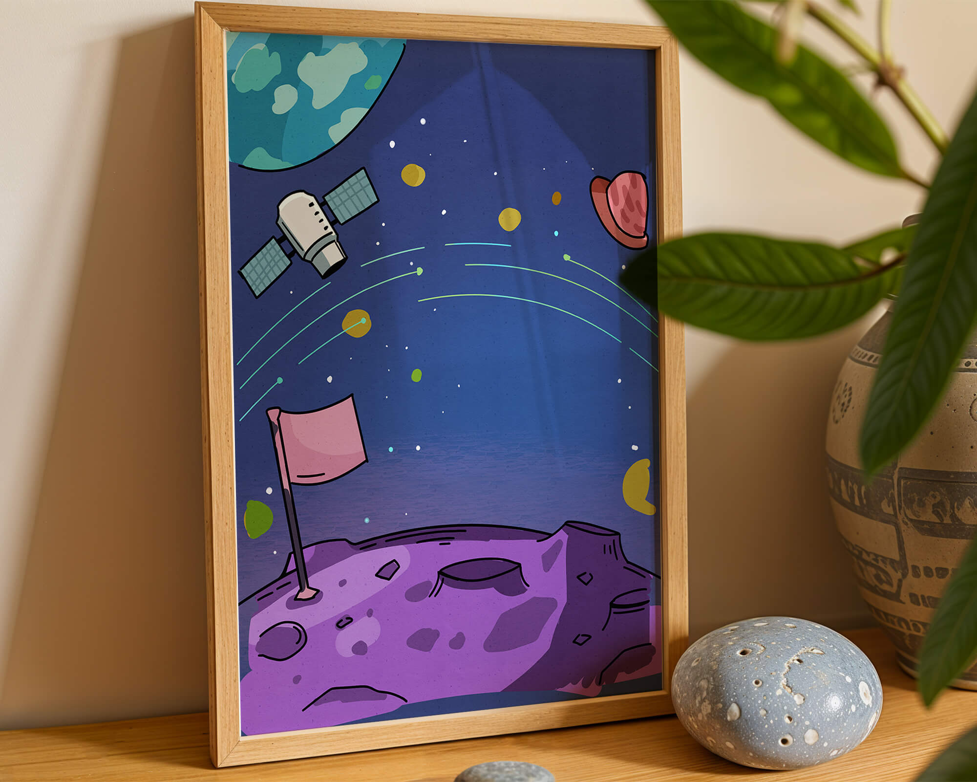 Illustration of outer space scene with planets and satellite