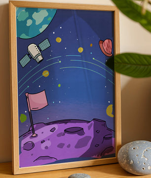 Illustration of outer space scene with planets and satellite