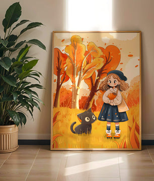 Girl with Cute Cat in Autumn Forest with Colorful Leaves