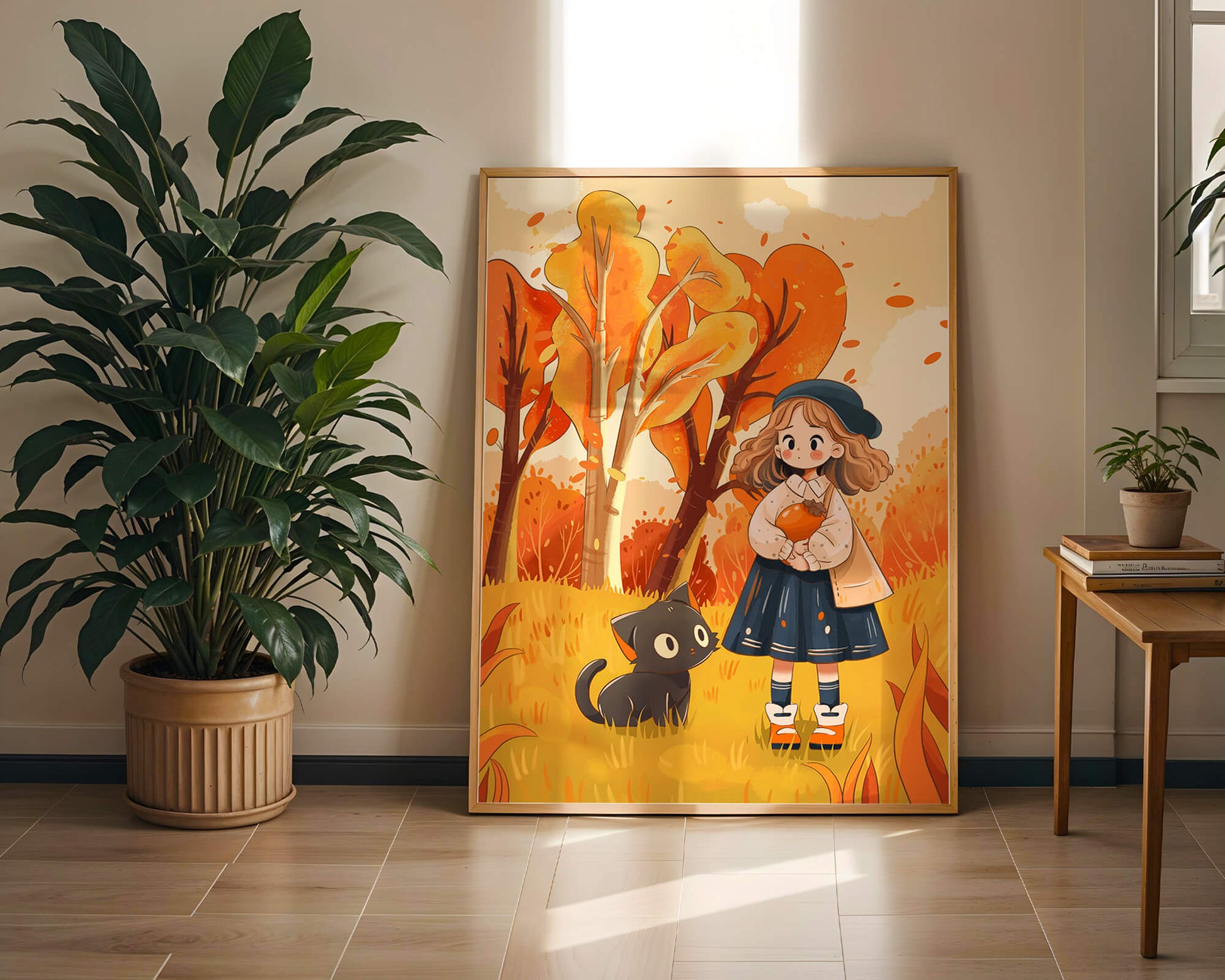 Girl with Cute Cat in Autumn Forest with Colorful Leaves