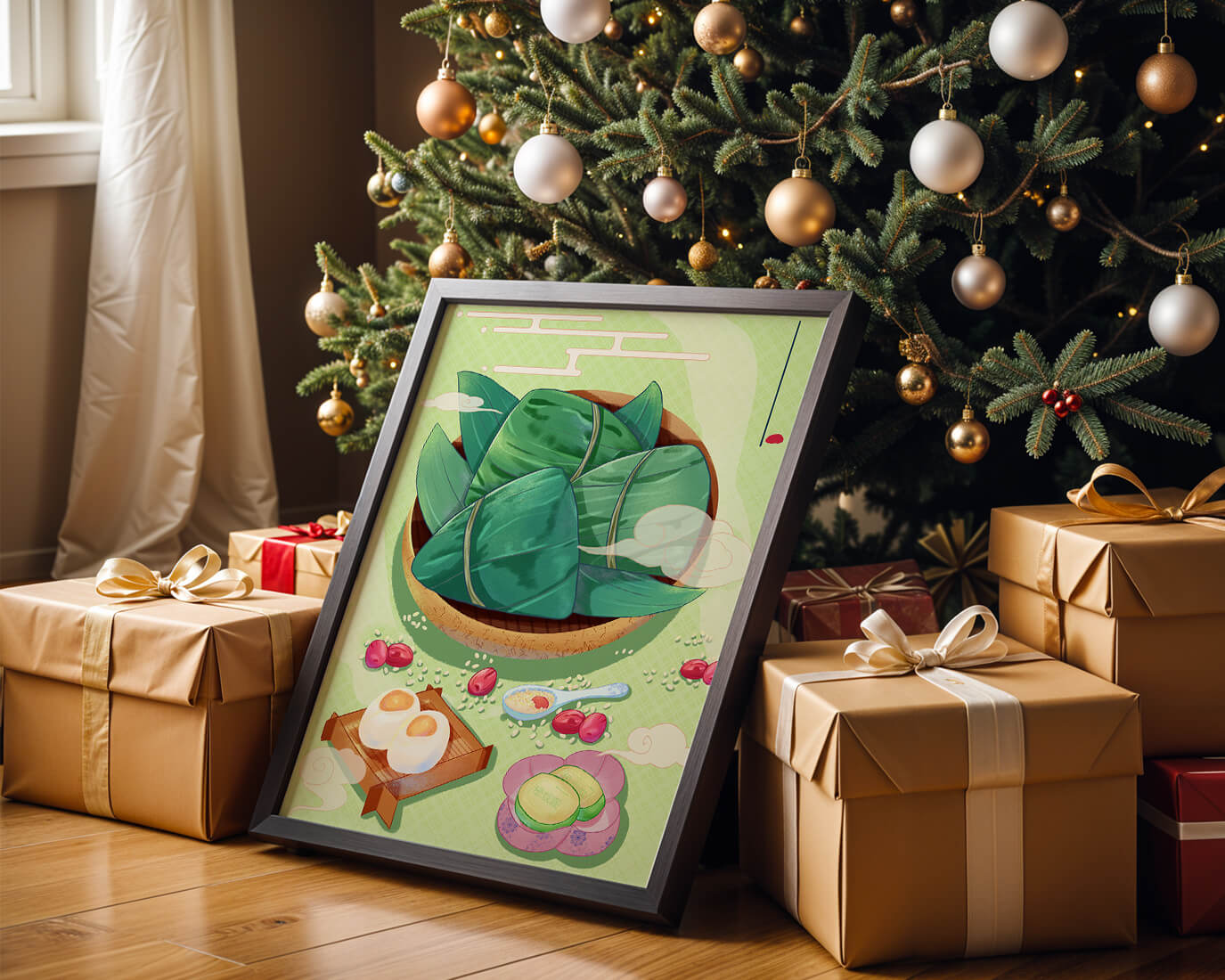 Traditional Asian food illustration with rice dumplings and mooncakes on a green background