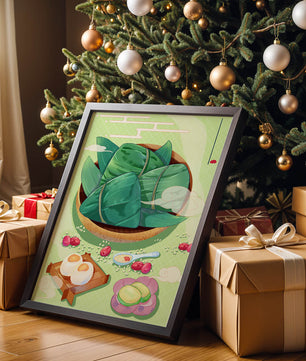 Traditional Asian food illustration with rice dumplings and mooncakes on a green background