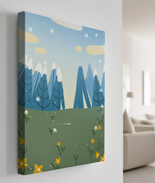 Landschaft mit schneebedeckten Bergen und Blumen im Cartoon-Stil