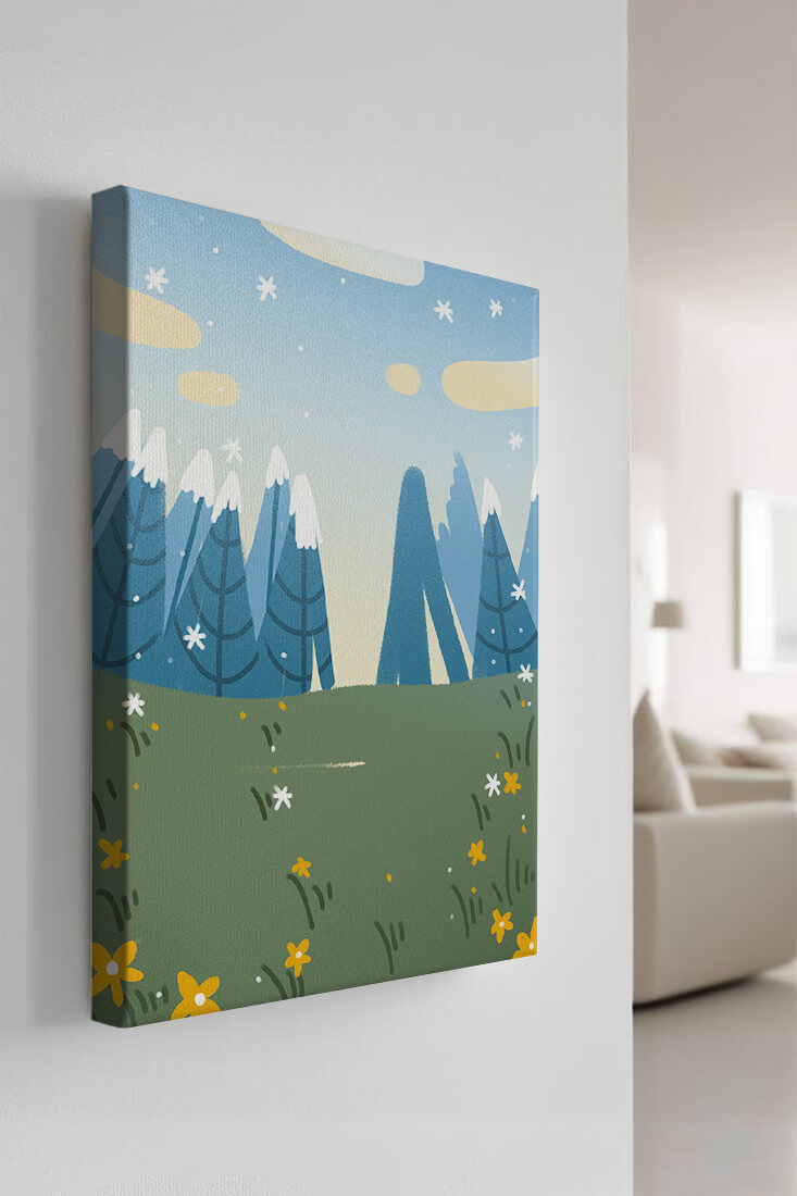 Landschaft mit schneebedeckten Bergen und Blumen im Cartoon-Stil