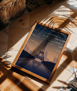 Vista escénica de la Torre Eiffel al anochecer con reflejo del horizonte urbano