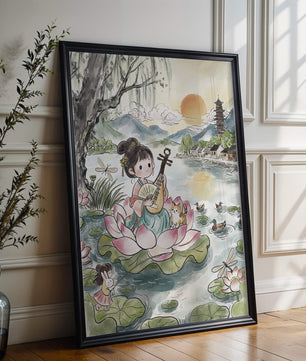 Traditional Asian Scenery with Girl Playing Instrument on Lotus Pond at Sunset