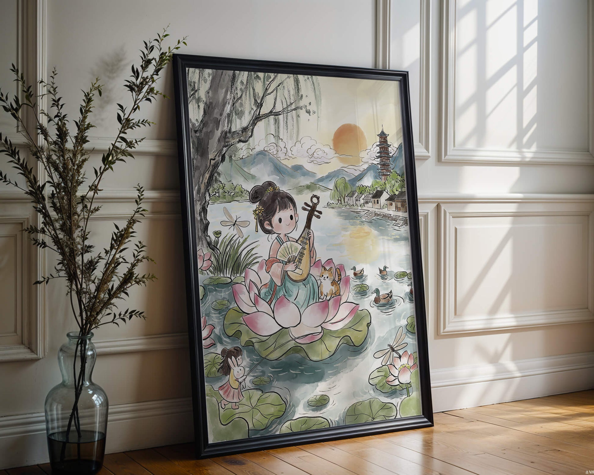 Traditional Asian Scenery with Girl Playing Instrument on Lotus Pond at Sunset