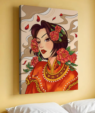Elegantes Porträt einer Frau in traditioneller Kleidung mit floralem Haarschmuck