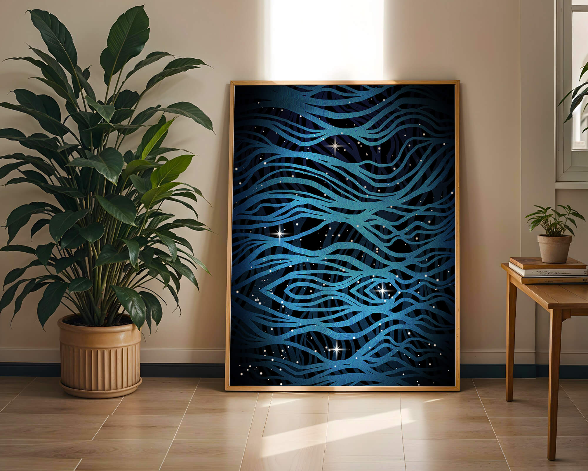 Abstract blue wave lines with starry night background
