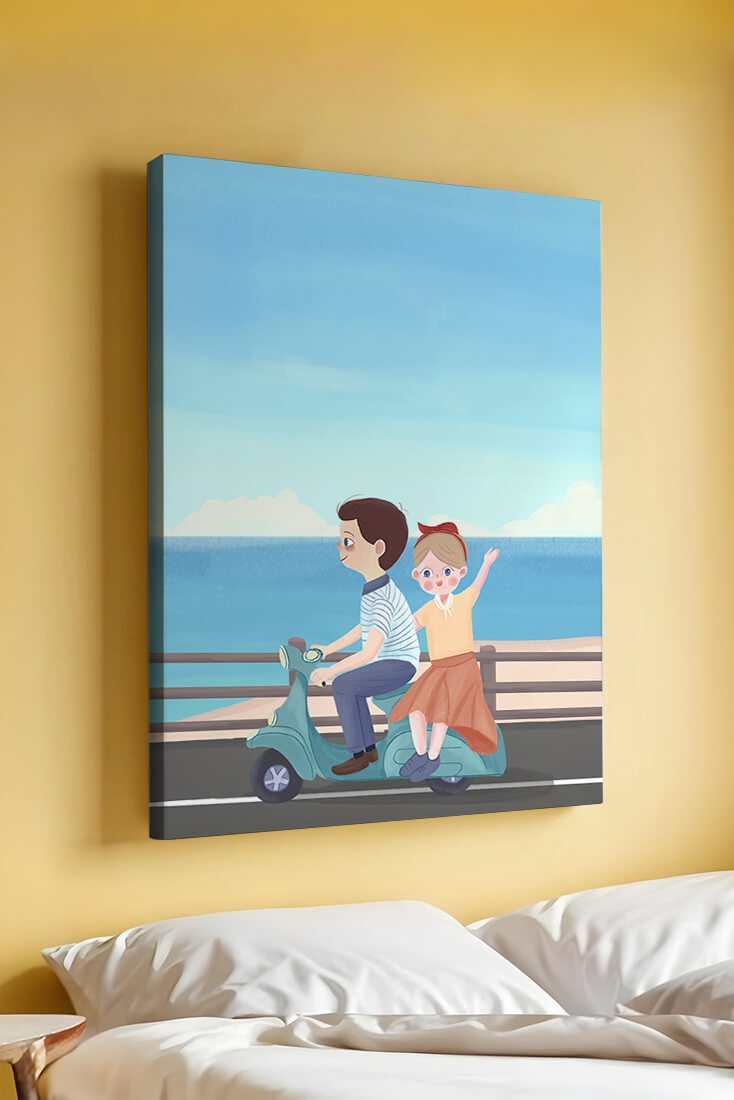 Young couple enjoying a scenic scooter ride by the seaside