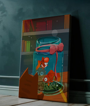 Neugierige Katze beobachtet Goldfische in einem Glas auf einem Bücherregal