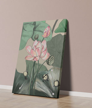 Illustrated lotus with playful cartoon bees in a serene garden