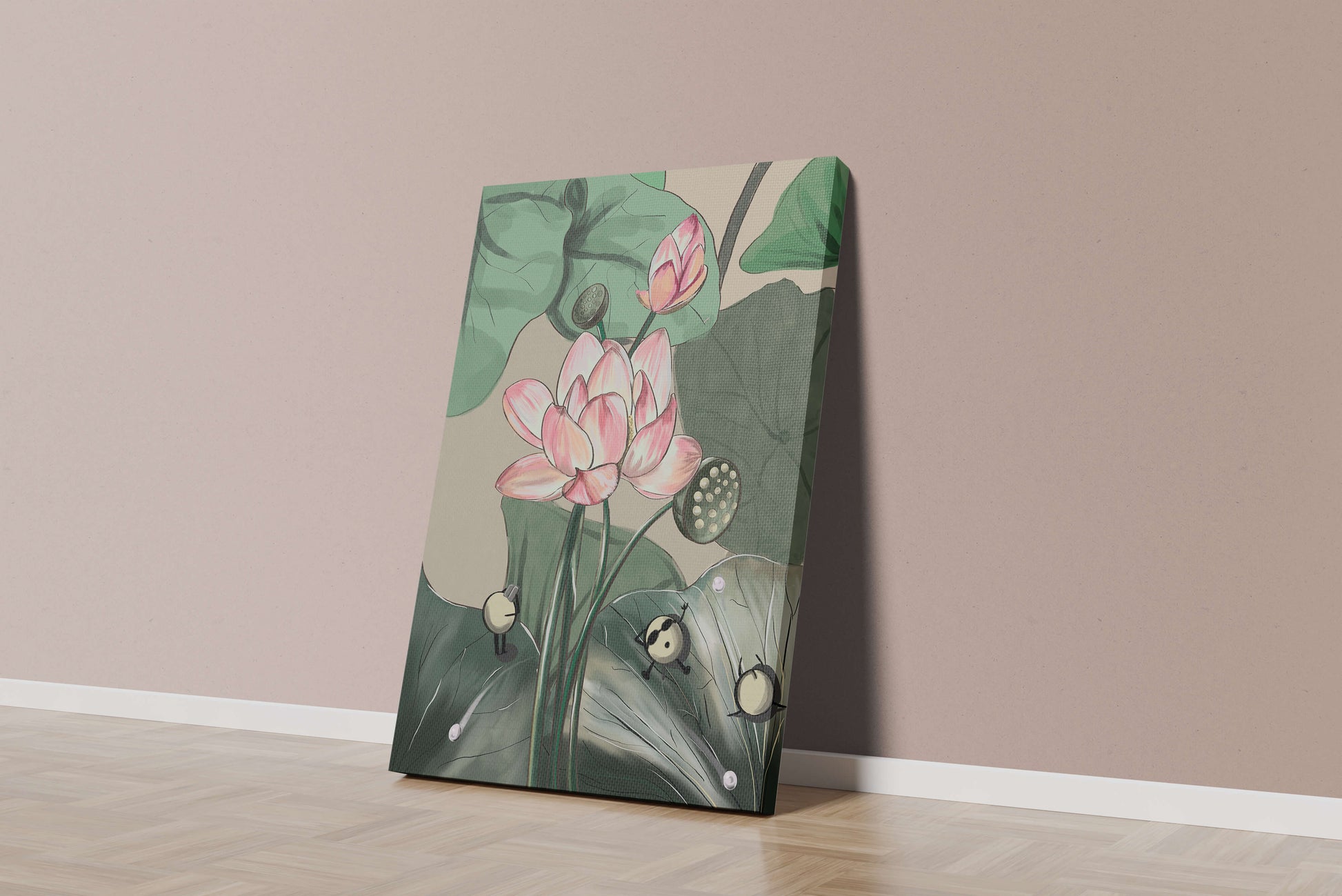 Illustrated lotus with playful cartoon bees in a serene garden