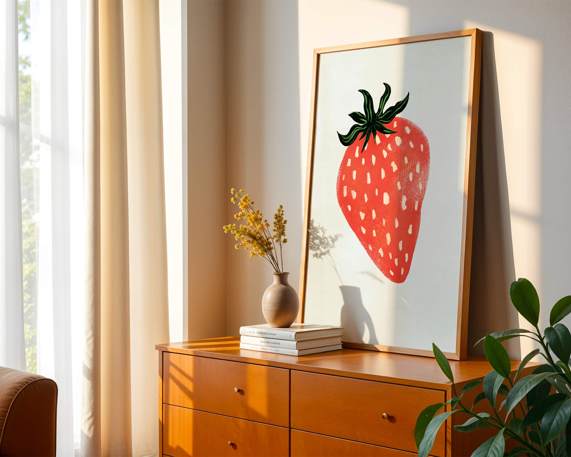Illustrative design of a vibrant red strawberry with green leaves