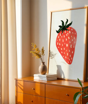 Illustrative design of a vibrant red strawberry with green leaves