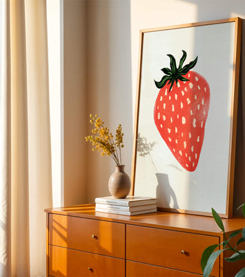 Illustrative design of a vibrant red strawberry with green leaves