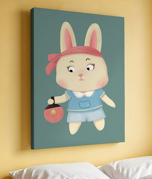 Illustration d'un lapin cartoon avec un bandeau et un sac rond