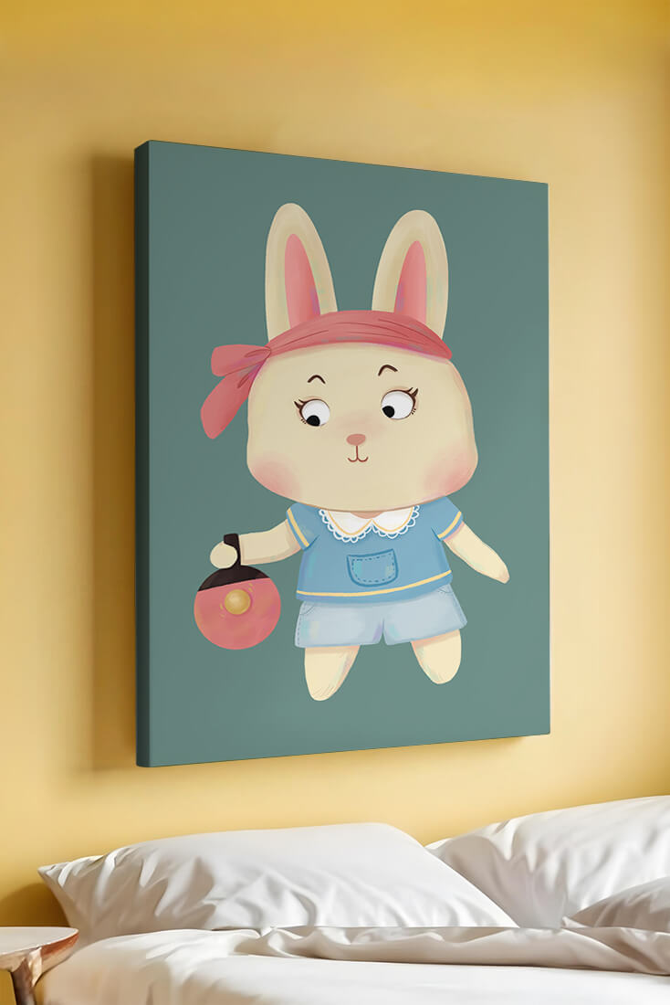 Illustration d'un lapin cartoon avec un bandeau et un sac rond