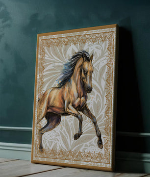 Elegant horse illustration with ornate golden frame