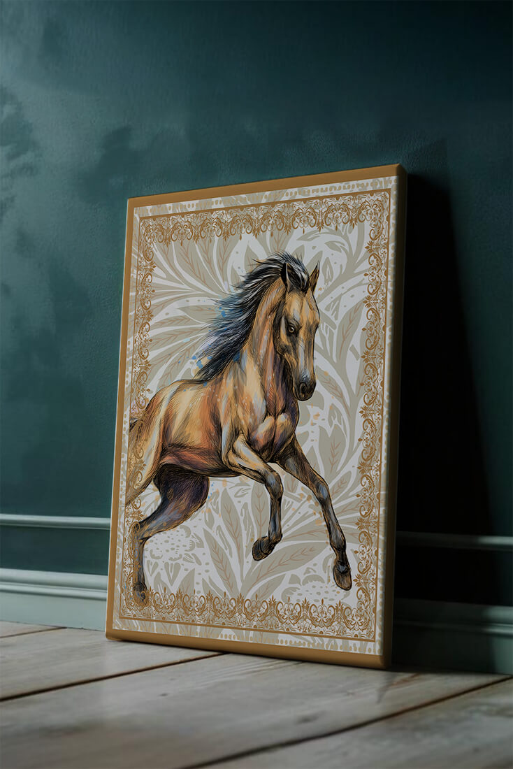 Elegant horse illustration with ornate golden frame