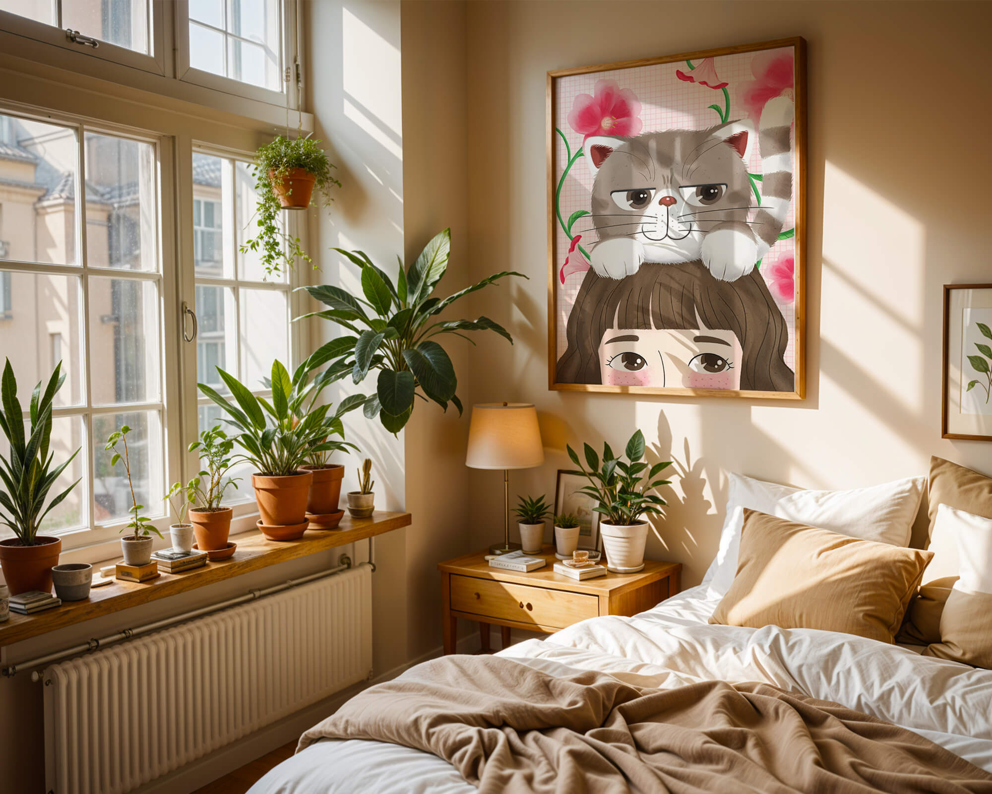 Illustration of a cat sitting on a person's head with pink flowers