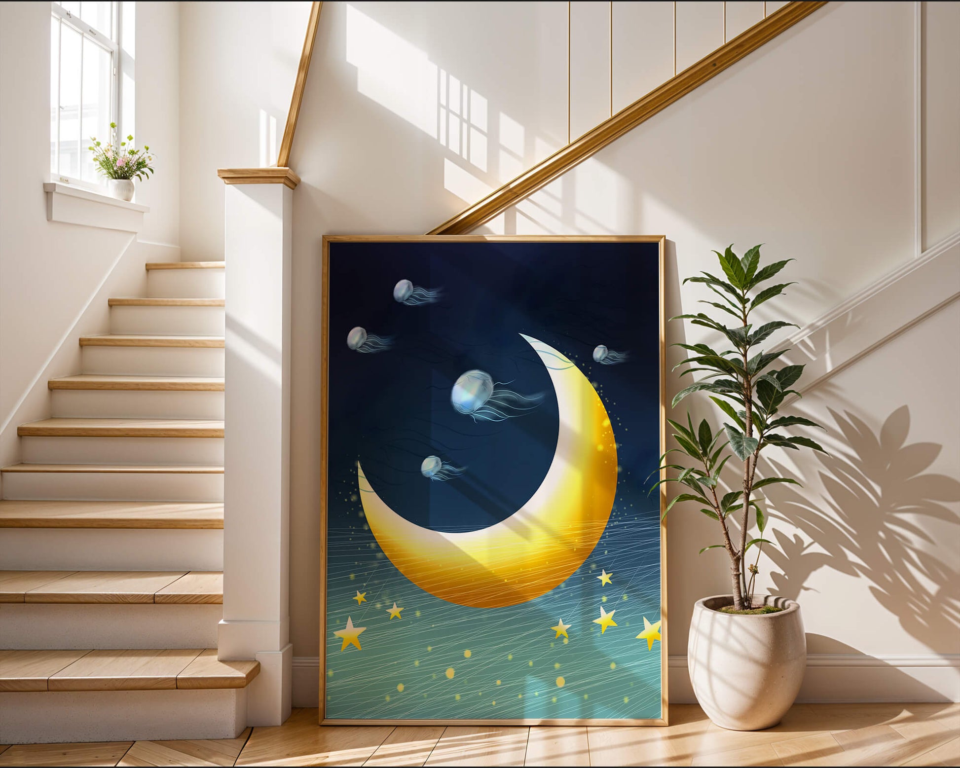 Night sky with golden crescent moon and jellyfish drifting