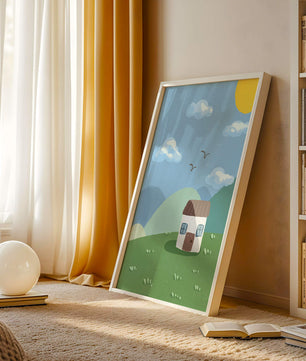 Illustration of a small house on a sunny hillside with clouds in a blue sky