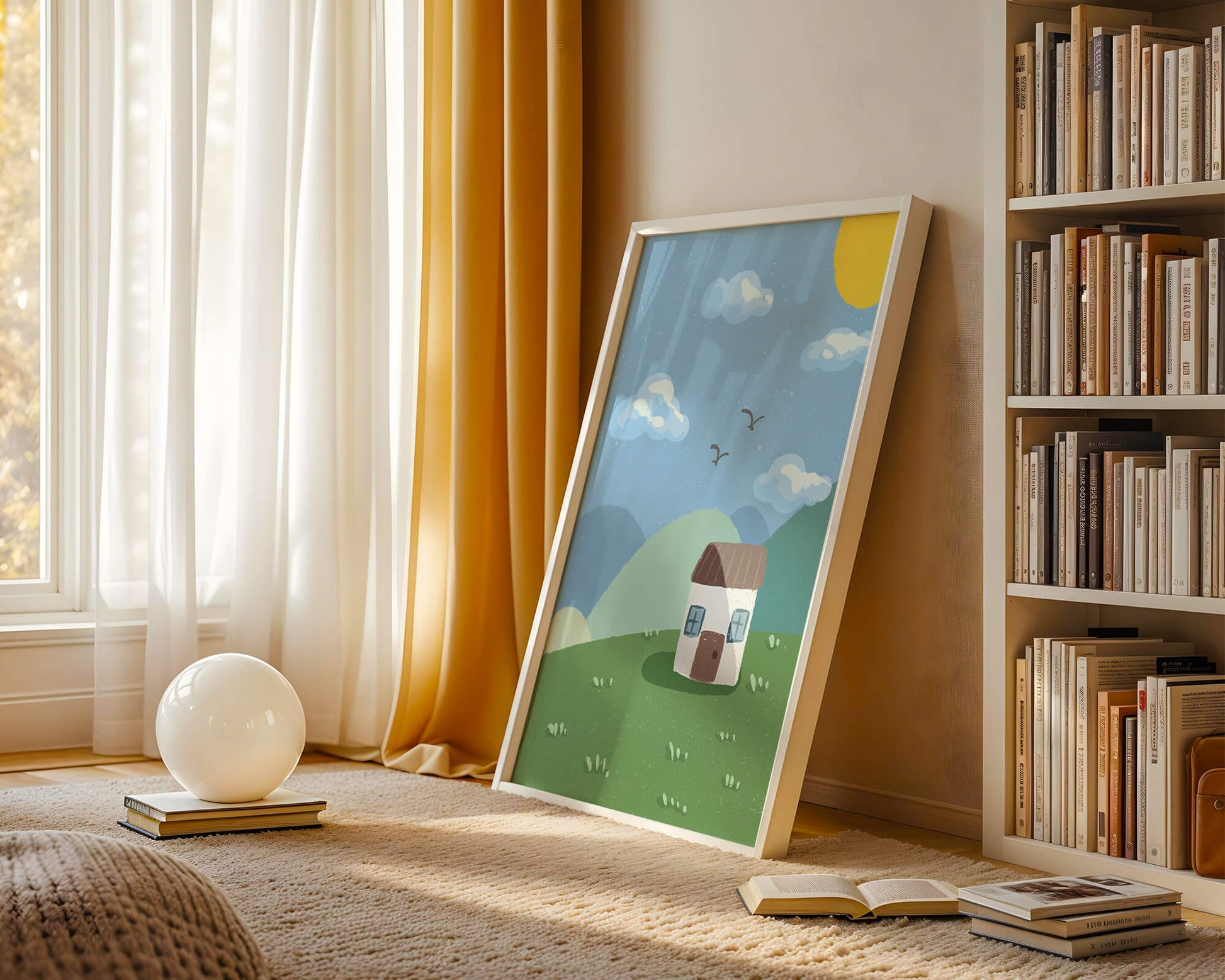 Illustration of a small house on a sunny hillside with clouds in a blue sky