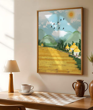 Sunny Countryside With Birds And Golden Fields