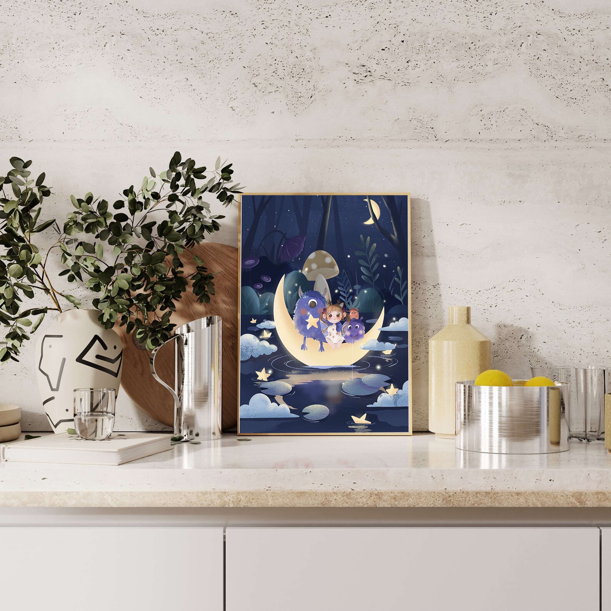 Dreamy night scene with a child and friendly monsters on a crescent moon