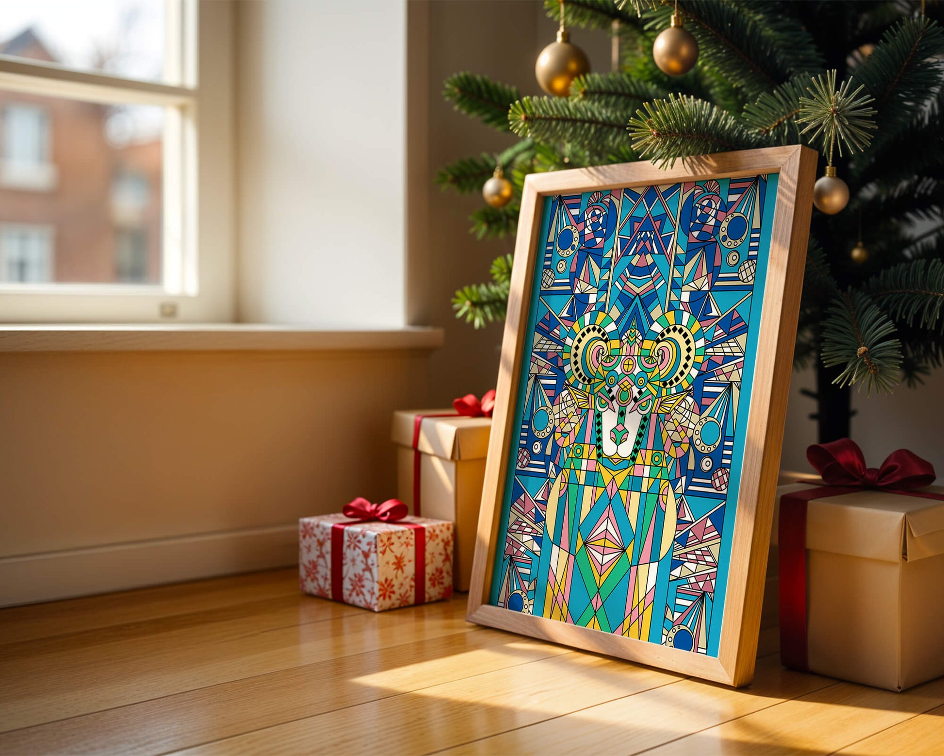 Diseño geométrico colorido de carnero con patrones simétricos