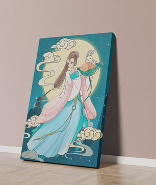 Traditional Asian-inspired artwork featuring a woman and rabbit under a moonlit sky