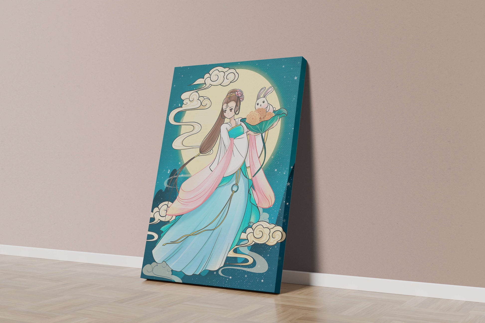 Traditional Asian-inspired artwork featuring a woman and rabbit under a moonlit sky