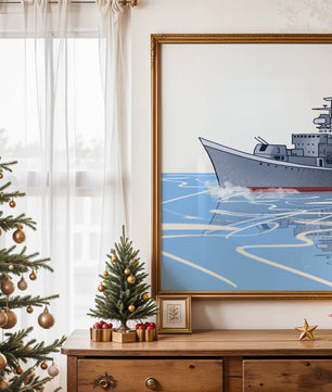 Illustrative depiction of a warship sailing on calm waters
