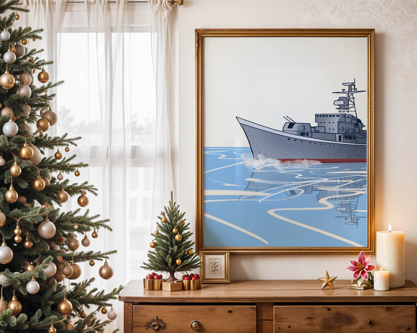 Illustrative depiction of a warship sailing on calm waters