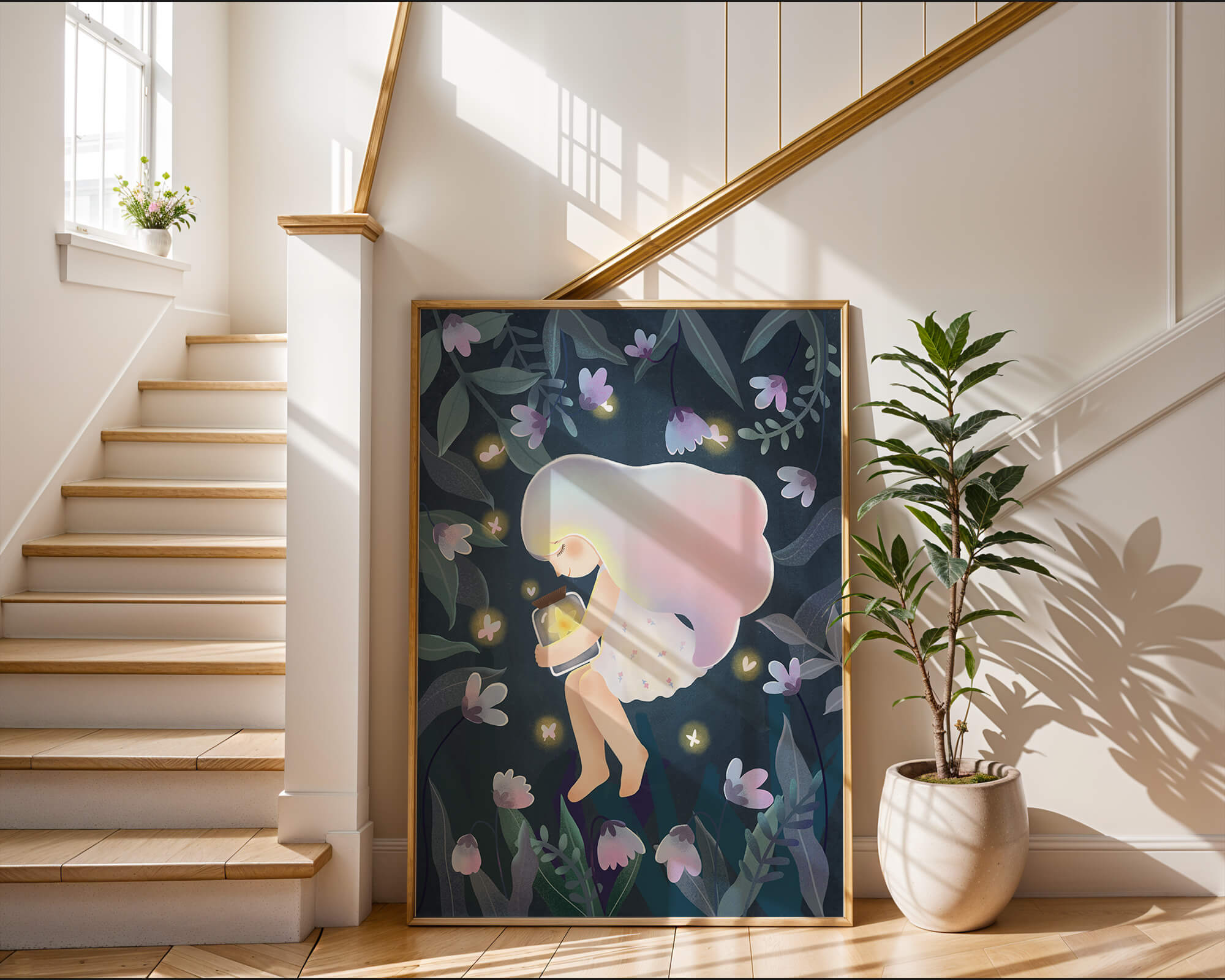 Illustration of a girl with glowing jar in moonlit garden