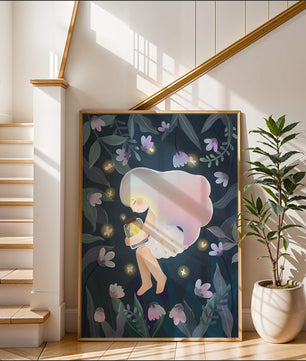 Illustration d'une fille avec un bocal lumineux dans un jardin au clair de lune