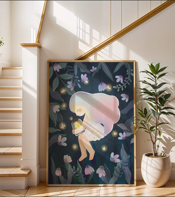 Illustration of a girl with glowing jar in moonlit garden