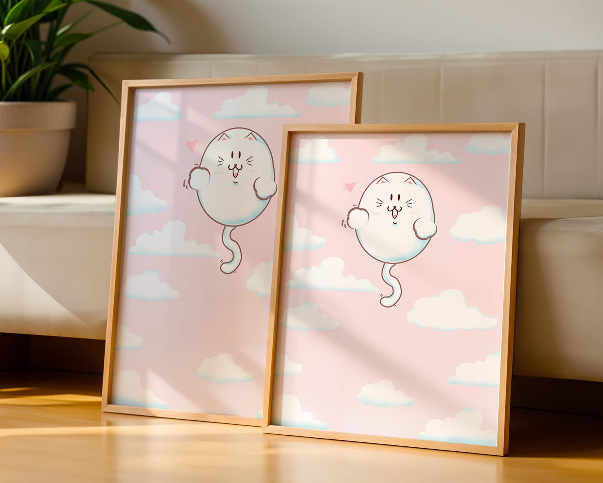 Gato flotante caprichoso en un cielo pastel con nubes esponjosas